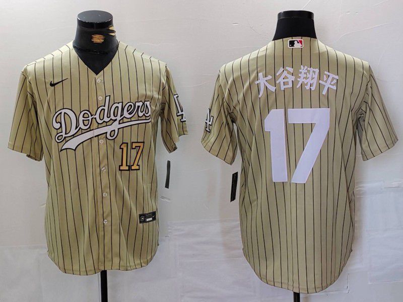Men Los Angeles Dodgers #17 Ohtani Green Stripe Fashion Nike Game MLB Jersey style 7063